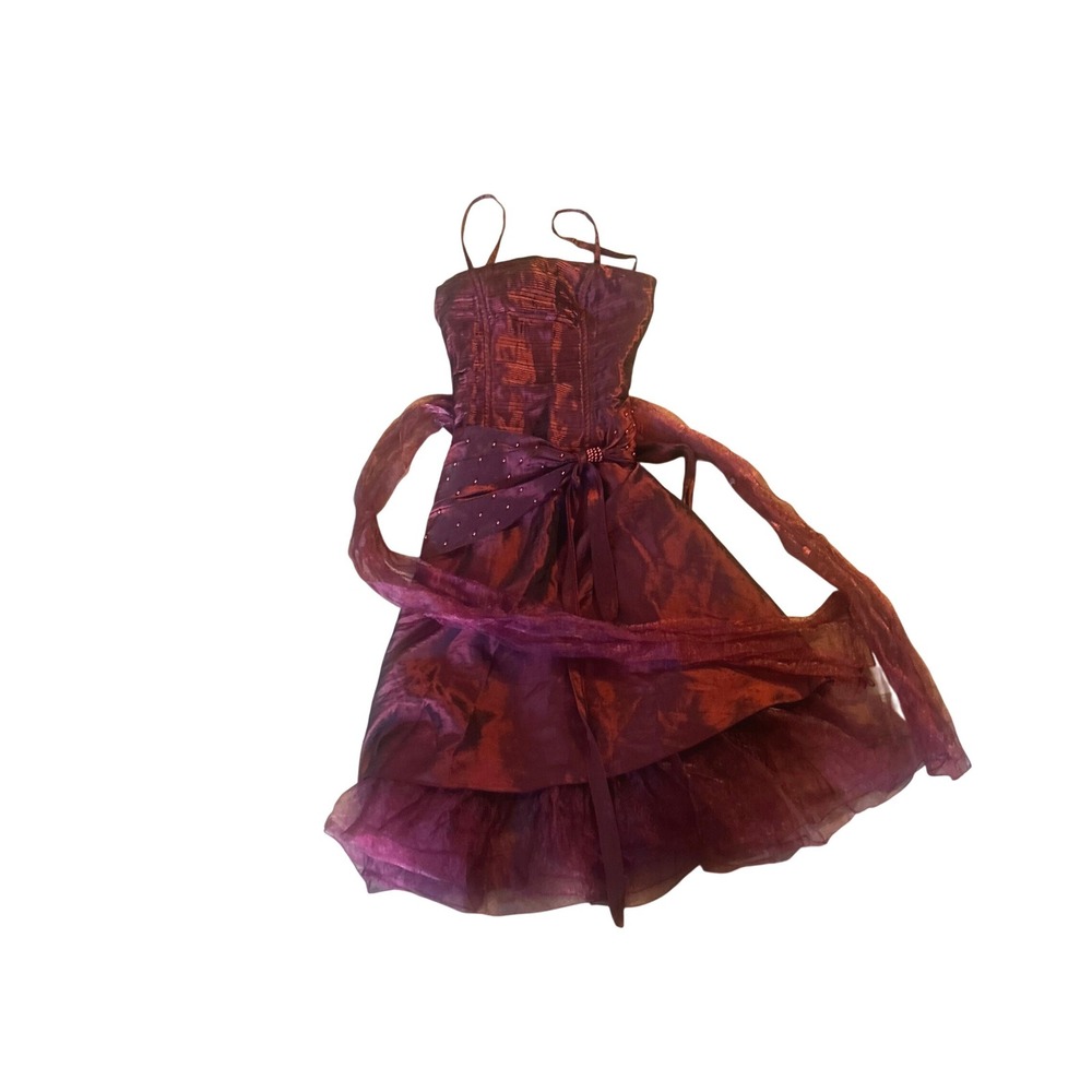 Burgundy Iridescent Tiered Organza Cocktail Dress with Beaded Bow Accent